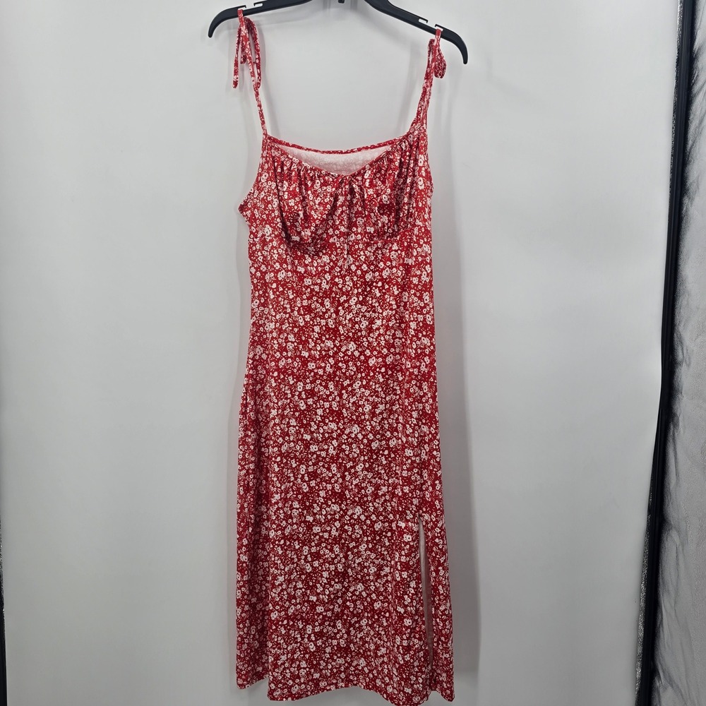 SHEIN Red Ditsy Floral Midi Dress XL Sleeveless Tie Strap Ruched Bust Side Slit
